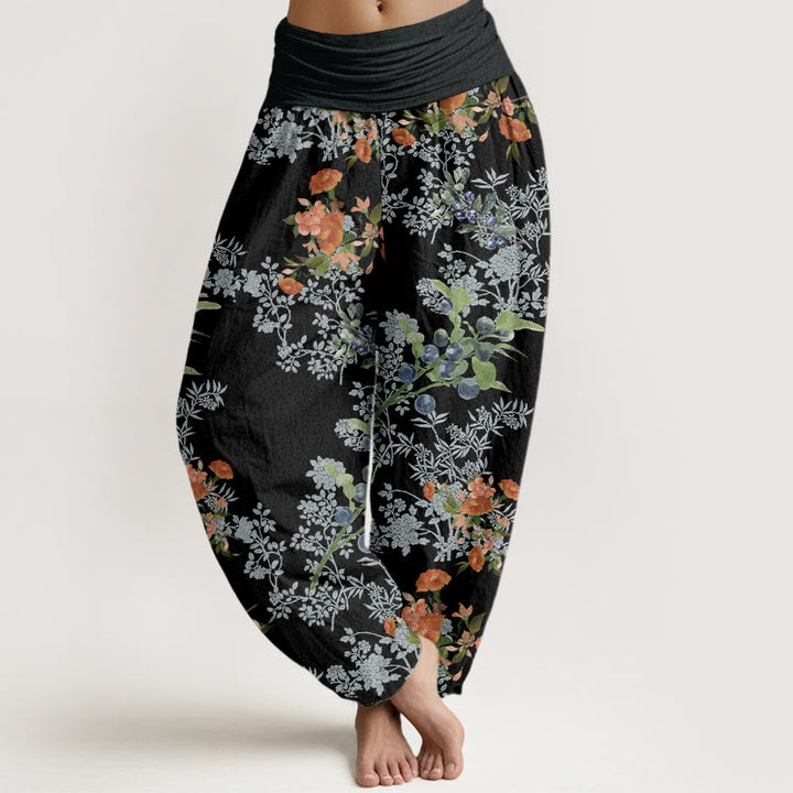 Buddha Stones Flower Blueberry Design Women's Elastic Waist Harem Pants