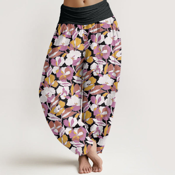 Buddha Stones Floral Leaf Design Women's Elastic Waist Harem Pants