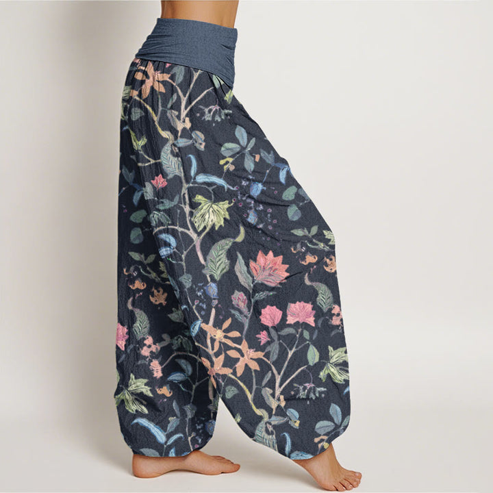 Buddha Stones Floral Leaf Vine Design Women's Elastic Waist Harem Pants
