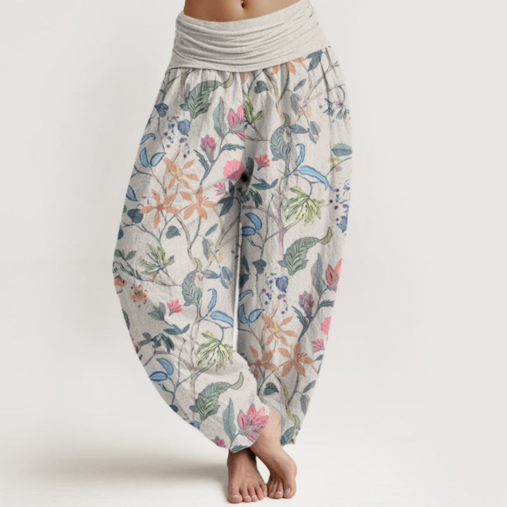 Buddha Stones Floral Leaf Vine Design Women's Elastic Waist Harem Pants