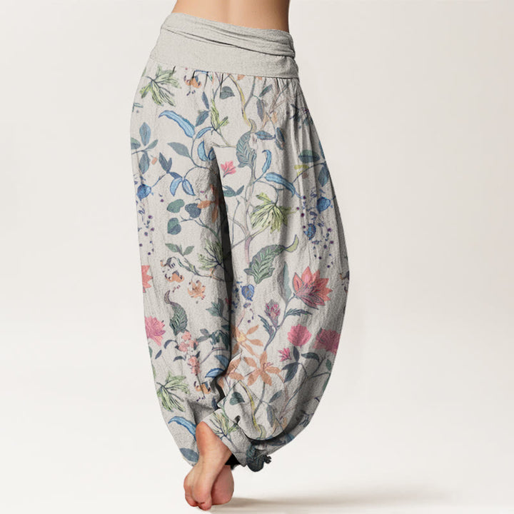 Buddha Stones Floral Leaf Vine Design Women's Elastic Waist Harem Pants