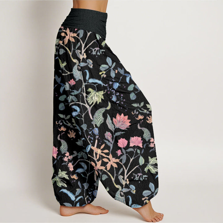 Buddha Stones Floral Leaf Vine Design Women's Elastic Waist Harem Pants