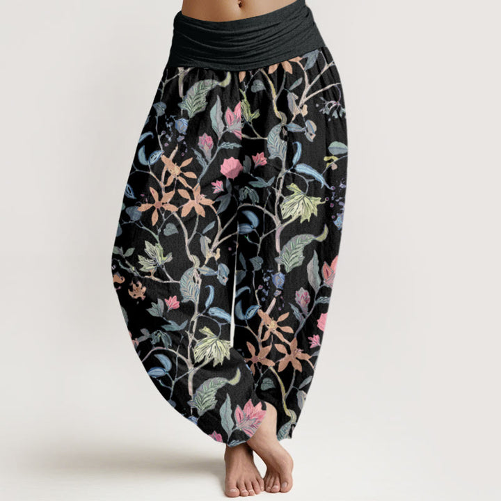 Buddha Stones Floral Leaf Vine Design Women's Elastic Waist Harem Pants