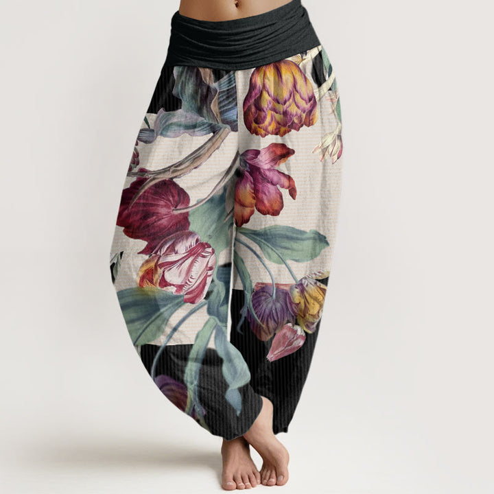 Buddha Stones Tulips Green Leaves Design Women's Elastic Waist Harem Pants - Black - US22，UK/AU26，EU54 (6XL) - image 0