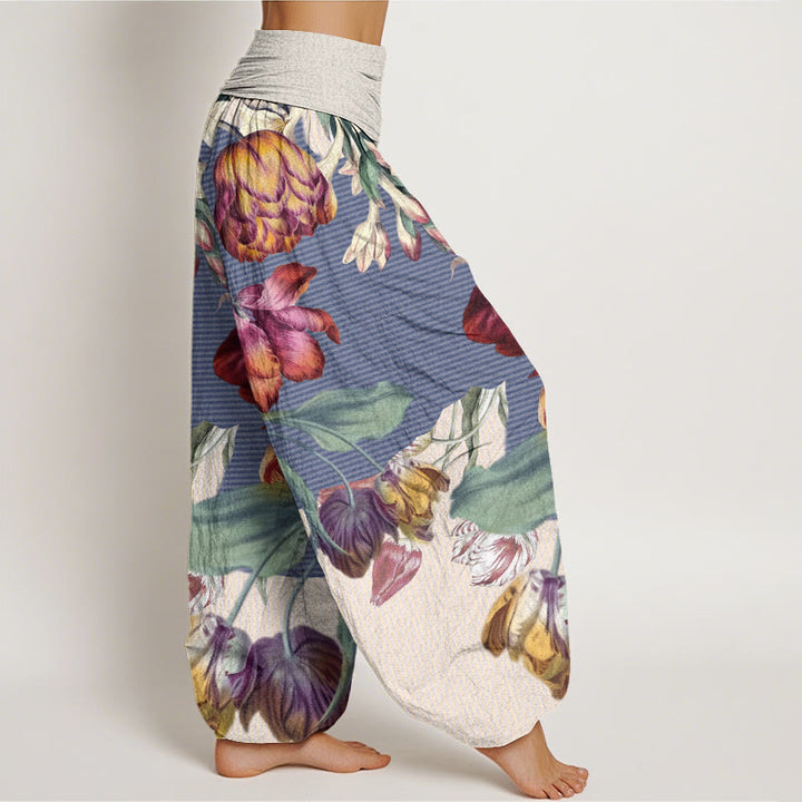 Buddha Stones Tulips Green Leaves Design Women's Elastic Waist Harem Pants