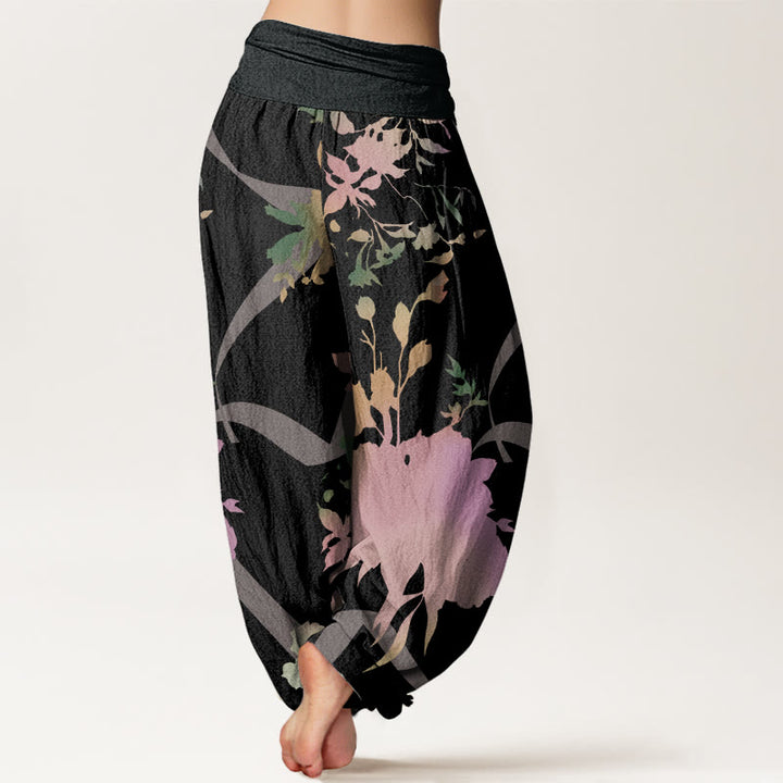 Buddha Stones Abstract Floral Paintings Ribbon Design Women's Elastic Waist Harem Pants