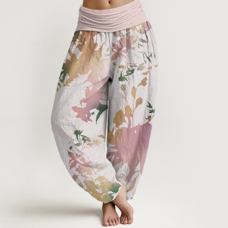 Buddha Stones Abstract Floral Paintings Ribbon Design Women's Elastic Waist Harem Pants
