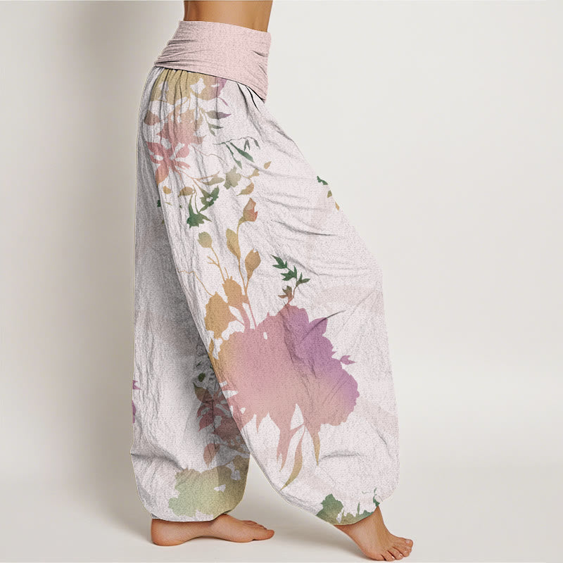 Buddha Stones Abstract Floral Paintings Ribbon Design Women's Elastic Waist Harem Pants