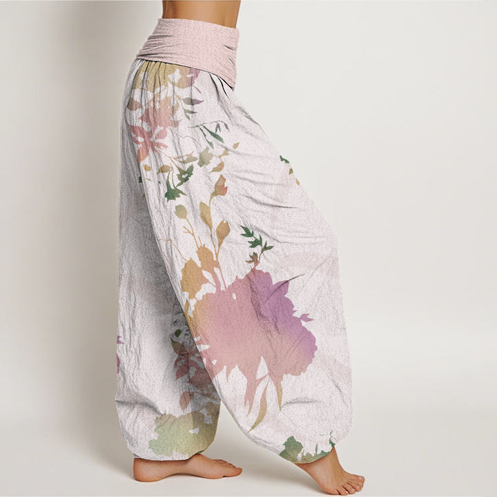 Buddha Stones Abstract Floral Paintings Ribbon Design Women's Elastic Waist Harem Pants