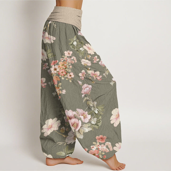 Buddha Stones Pink Pale Orange Flowers Design Women's Elastic Waist Harem Pants