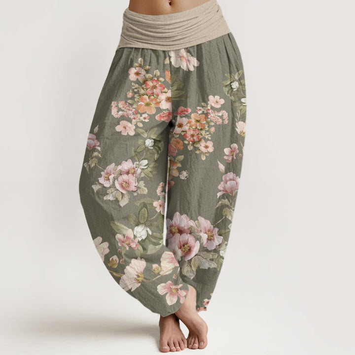 Buddha Stones Pink Pale Orange Flowers Design Women's Elastic Waist Harem Pants