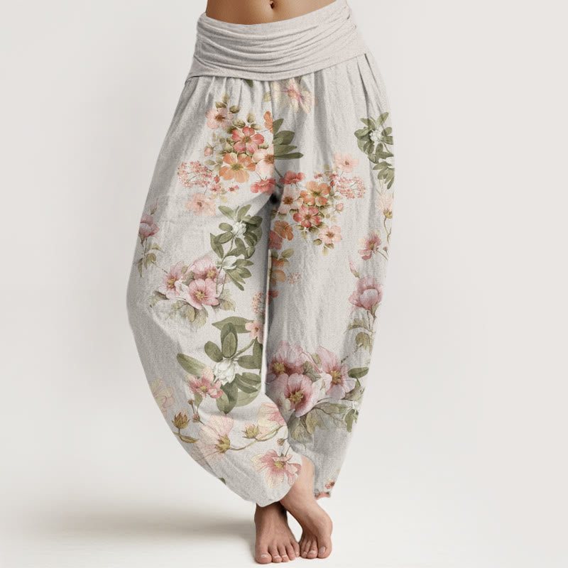 Buddha Stones Pink Pale Orange Flowers Design Women's Elastic Waist Harem Pants