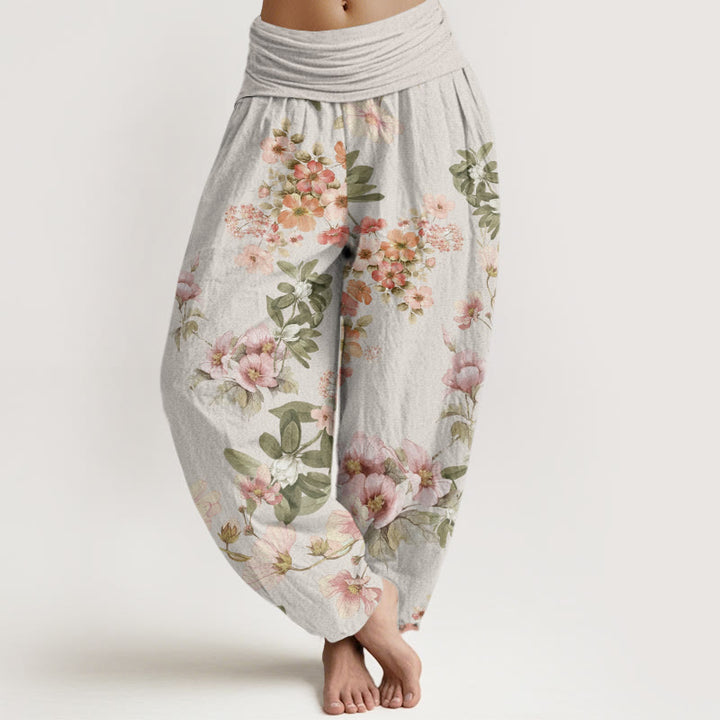 Buddha Stones Pink Pale Orange Flowers Design Women's Elastic Waist Harem Pants
