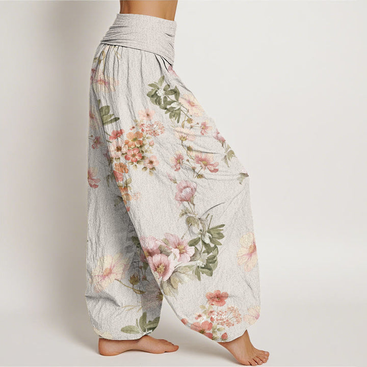 Buddha Stones Pink Pale Orange Flowers Design Women's Elastic Waist Harem Pants