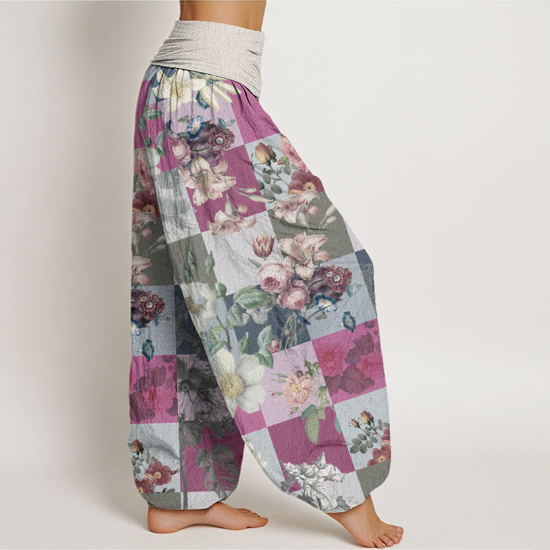 Buddha Stones Square Various Floral Design Women's Elastic Waist Harem Pants