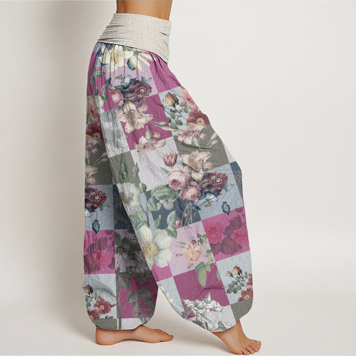 Buddha Stones Square Various Floral Design Women's Elastic Waist Harem Pants