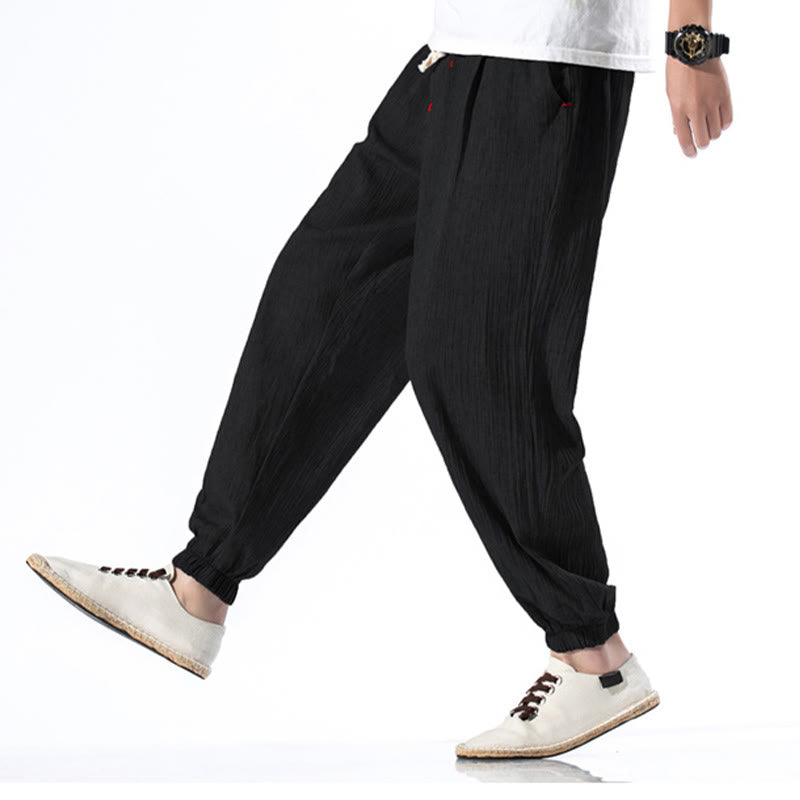 Buddha Stones Casual Solid Color Drawstring Linen Men's Pants With Pockets - image 14