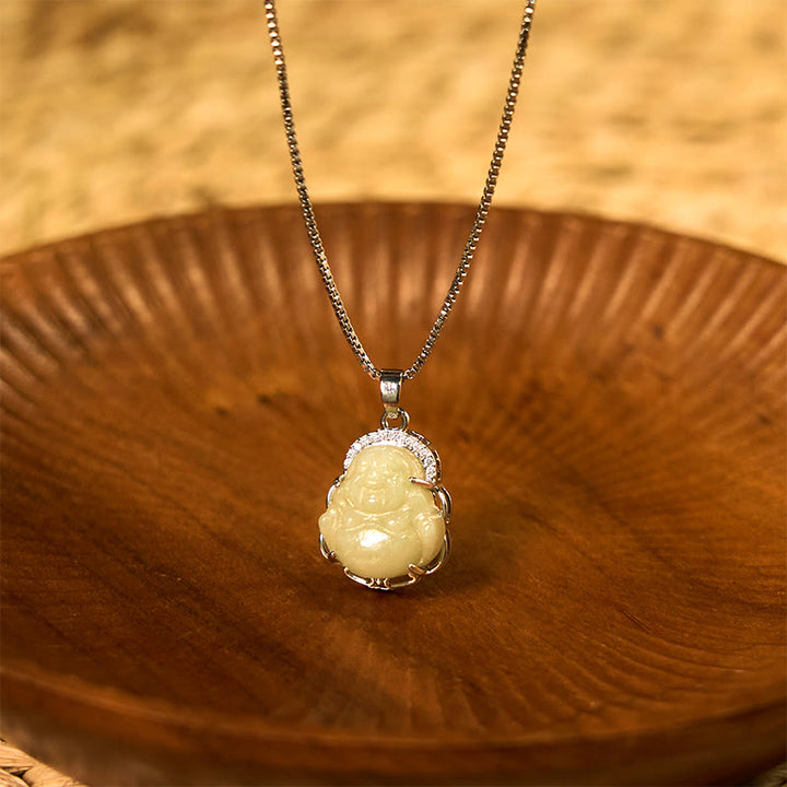 Buddha Stones Natural Hetian Jade Laughing Buddha Abundance Necklace Pendant - Hetian Jade(Prosperity♥Abundance) - image 1
