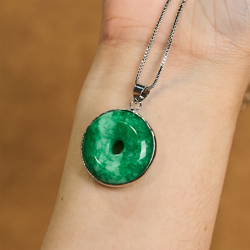Buddha Stones Natural Cyan Jade Peace Buckle Healing Luck Necklace Pendant