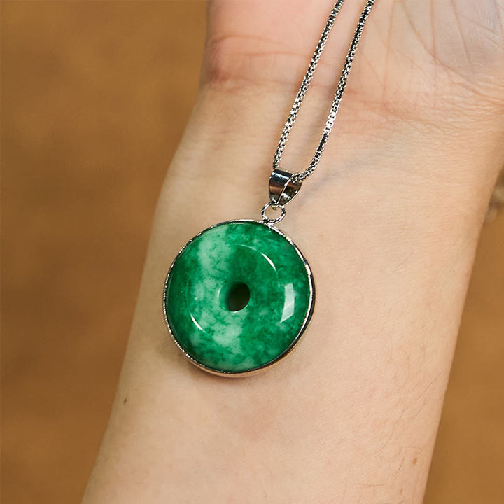 Buddha Stones Natural Cyan Jade Peace Buckle Healing Luck Necklace Pendant