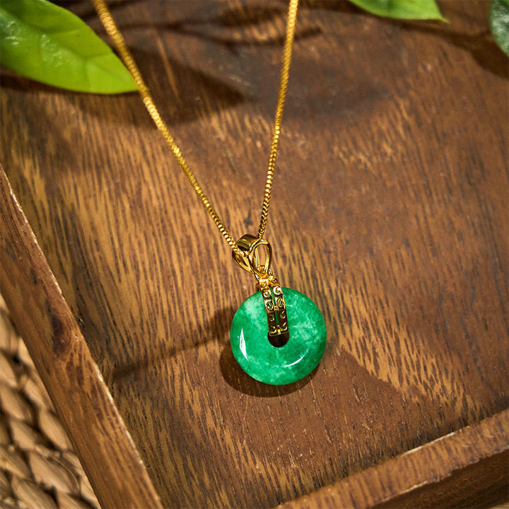 Buddha Stones Cyan Jade Peace Buckle Healing Luck Necklace Pendant