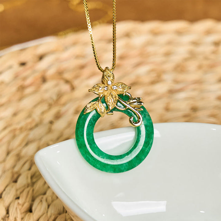 Buddha Stones Cyan Jade Peace Buckle Alloy Flower Healing Luck Necklace Pendant