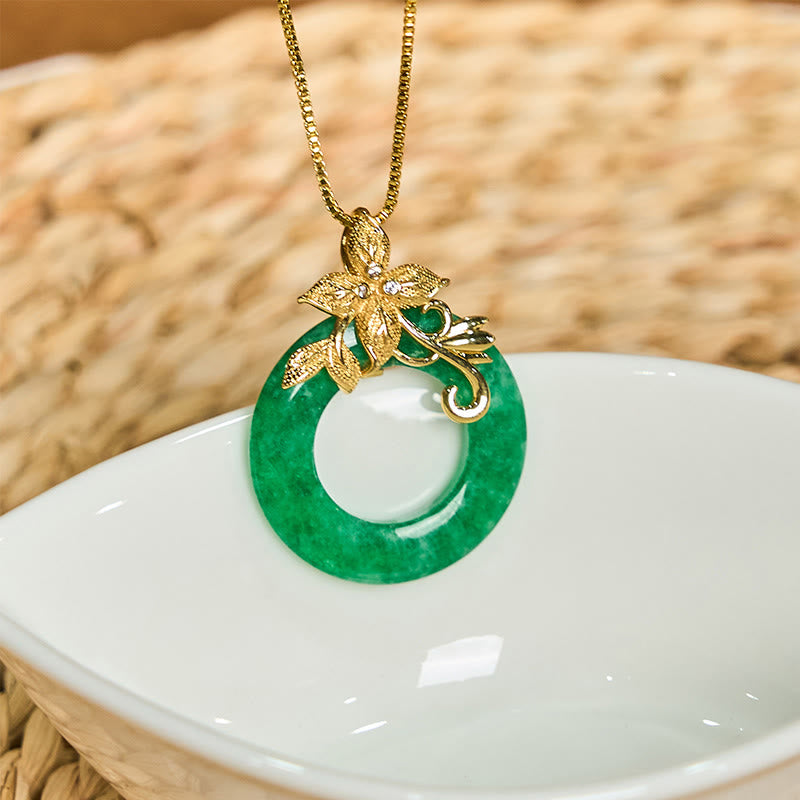 Buddha Stones Cyan Jade Peace Buckle Alloy Flower Healing Luck Necklace Pendant