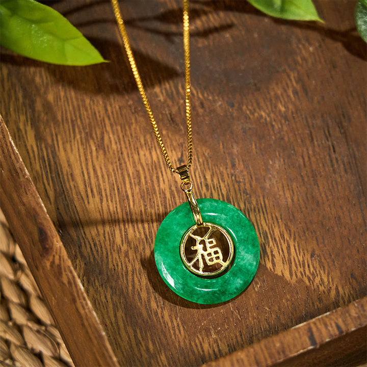 Buddha Stones Cyan Jade Fu Character Peace Buckle Healing Luck Necklace Pendant