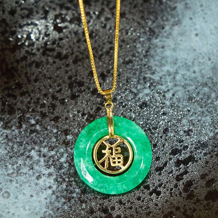 Buddha Stones Cyan Jade Fu Character Peace Buckle Healing Luck Necklace Pendant