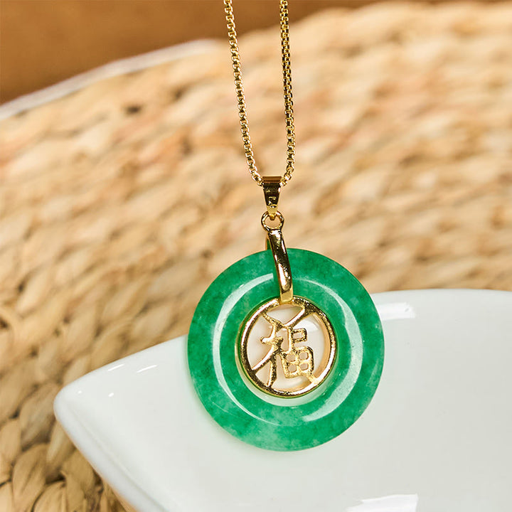 Buddha Stones Cyan Jade Fu Character Peace Buckle Healing Luck Necklace Pendant