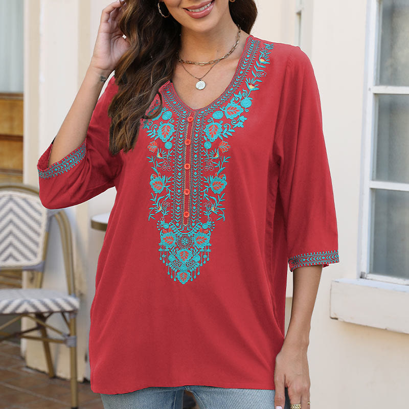 Buddha Stones Summer Casual Embroidery Flower Leaf Half Sleeve V-neck Cotton Women's T-Shirt - Crimson - US12，UK/AU16，EU44 (3XL) - image 16