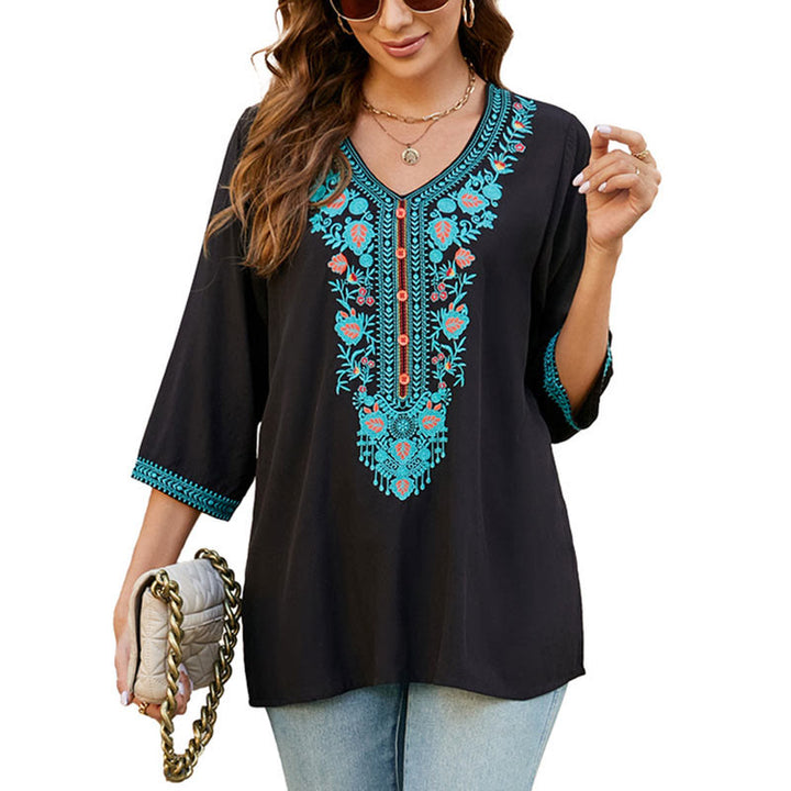 Buddha Stones Summer Casual Embroidery Flower Leaf Half Sleeve V-neck Cotton Women's T-Shirt - image 11