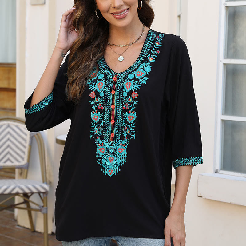 Buddha Stones Summer Casual Embroidery Flower Leaf Half Sleeve V-neck Cotton Women's T-Shirt - image 6