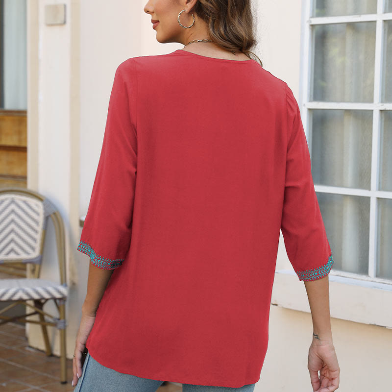 Buddha Stones Summer Casual Embroidery Flower Leaf Half Sleeve V-neck Cotton Women's T-Shirt - image 21