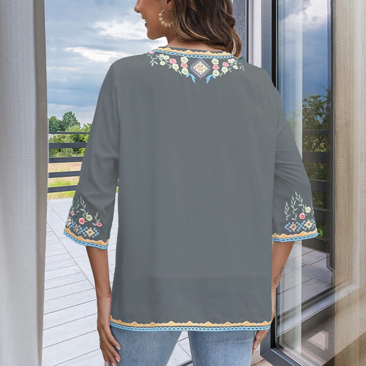 Buddha Stones Spring Daily Embroidery Flower Pattern Long Sleeve V-neck Cotton Women's T-Shirt