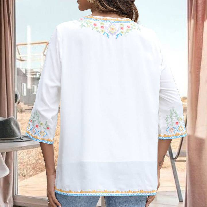 Buddha Stones Spring Daily Embroidery Flower Pattern Long Sleeve V-neck Cotton Women's T-Shirt