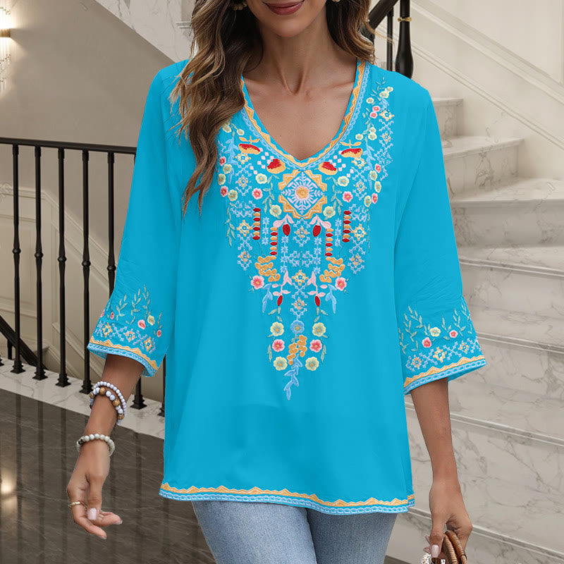 Buddha Stones Spring Daily Embroidery Flower Pattern Long Sleeve V-neck Cotton Women's T-Shirt