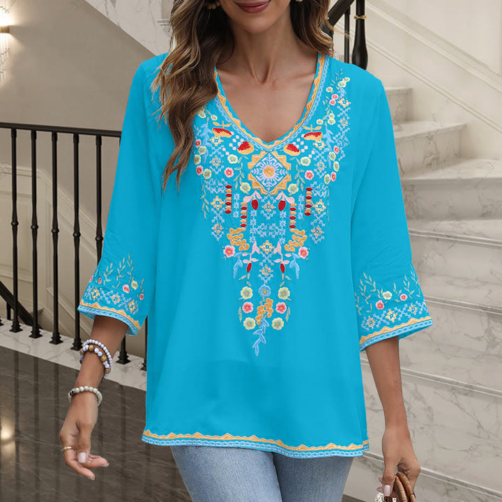 Buddha Stones Spring Daily Embroidery Flower Pattern Long Sleeve V-neck Cotton Women's T-Shirt