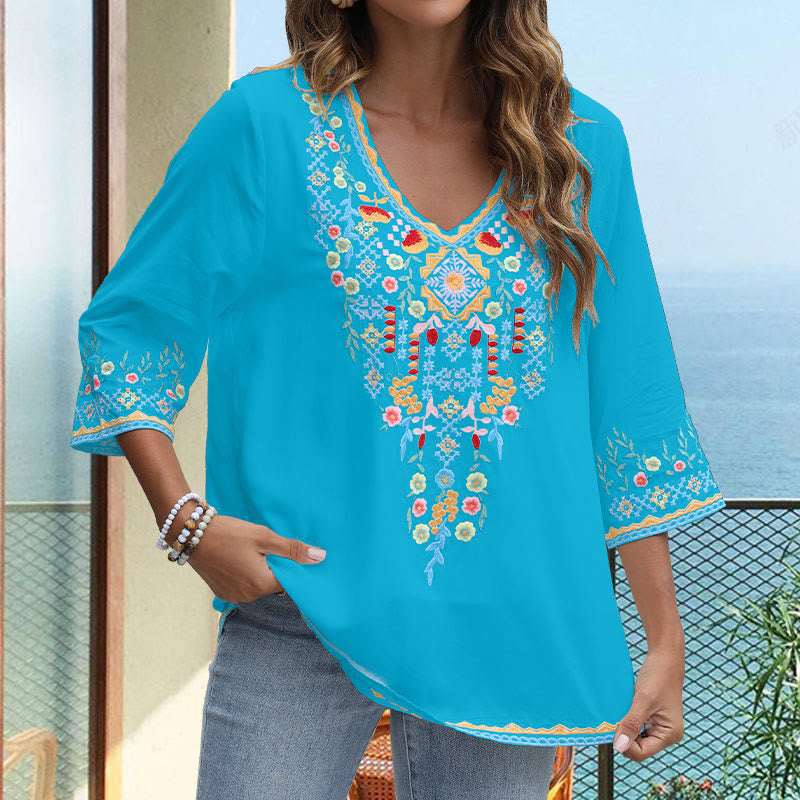 Buddha Stones Spring Daily Embroidery Flower Pattern Long Sleeve V-neck Cotton Women's T-Shirt