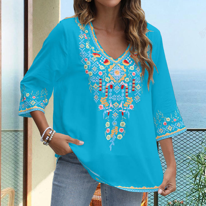 Buddha Stones Spring Daily Embroidery Flower Pattern Long Sleeve V-neck Cotton Women's T-Shirt