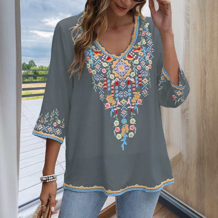 Buddha Stones Spring Daily Embroidery Flower Pattern Long Sleeve V-neck Cotton Women's T-Shirt