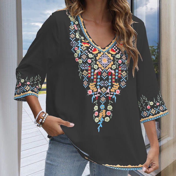 Buddha Stones Spring Daily Embroidery Flower Pattern Long Sleeve V-neck Cotton Women's T-Shirt