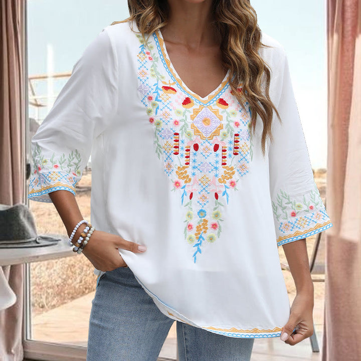 Buddha Stones Spring Daily Embroidery Flower Pattern Long Sleeve V-neck Cotton Women's T-Shirt