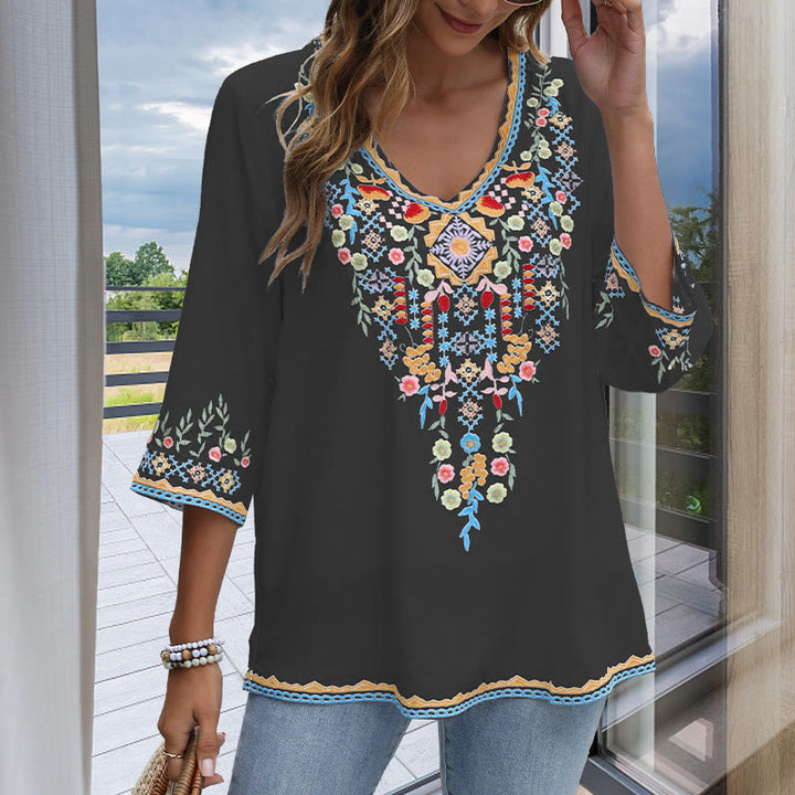 Buddha Stones Spring Daily Embroidery Flower Pattern Long Sleeve V-neck Cotton Women's T-Shirt