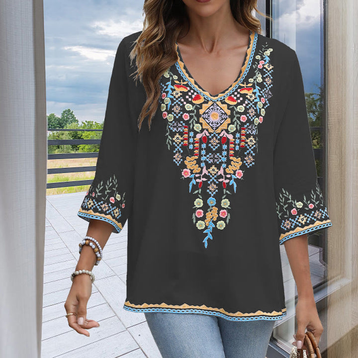 Buddha Stones Spring Daily Embroidery Flower Pattern Long Sleeve V-neck Cotton Women's T-Shirt