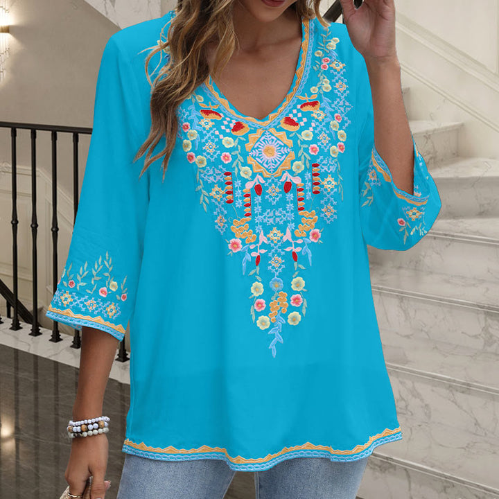 Buddha Stones Spring Daily Embroidery Flower Pattern Long Sleeve V-neck Cotton Women's T-Shirt