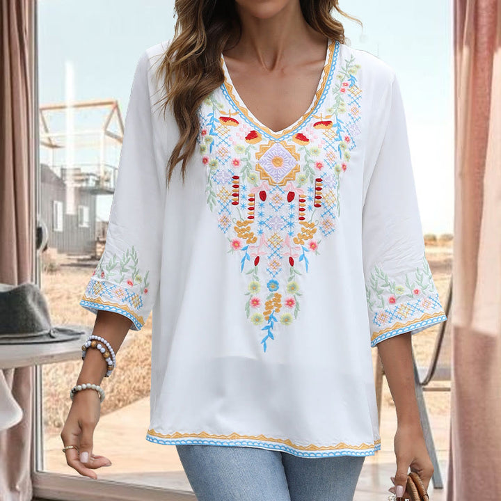 Buddha Stones Spring Daily Embroidery Flower Pattern Long Sleeve V-neck Cotton Women's T-Shirt