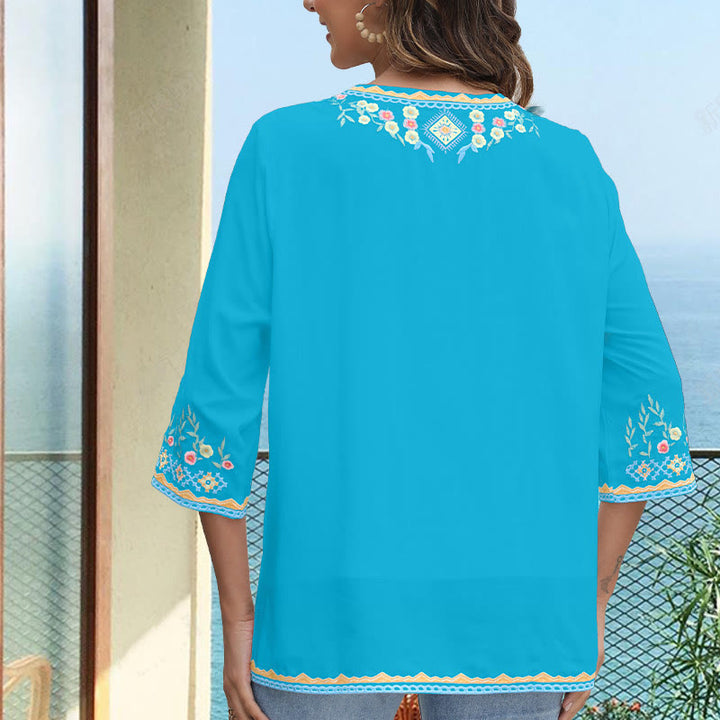 Buddha Stones Spring Daily Embroidery Flower Pattern Long Sleeve V-neck Cotton Women's T-Shirt