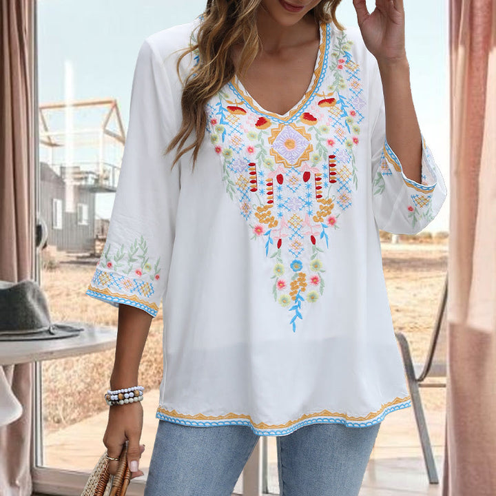 Buddha Stones Spring Daily Embroidery Flower Pattern Long Sleeve V-neck Cotton Women's T-Shirt