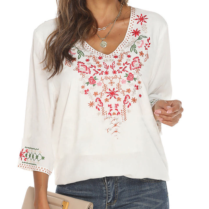 Buddha Stones Summer Embroidery Flower Simple Design Three Quarter Sleeve V-neck Cotton Women's T-Shirt - image 8